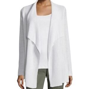 Eileen Fisher White 100% Organic Linen Rib Knit Drape Front Cardigan Sz MEDIUM